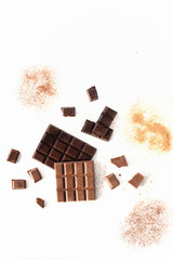 pieces of black and milk chocolate with cocoa powder are scattered on a white background