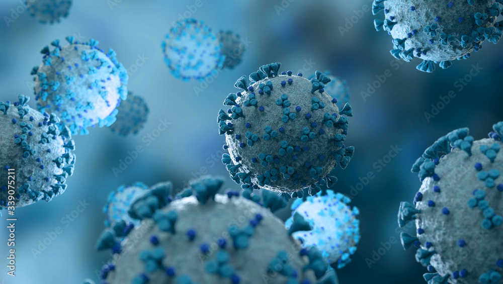 Poster microscopic close-up of the covid-19 disease. coronavirus illness spreading in body cell. 2019-ncov 