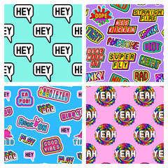 Set of 4 fun colorful seamless patterns with patches with words 