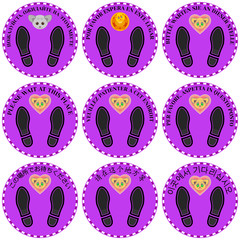 Sticker, sign with the inscription Please wait at this place. In Russian, Spanish, German, French, Italian, Japanese, Chinese and Korean. Faces of cute animals