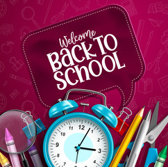 Back to school vector education concept. Back to school text speech bubble with educational school items and elements in red pattern background. Vector illustration.
