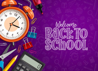 Back to school education vector design. Back to school text in empty space with school items and supplies in violet education pattern background. Vector illustration.
