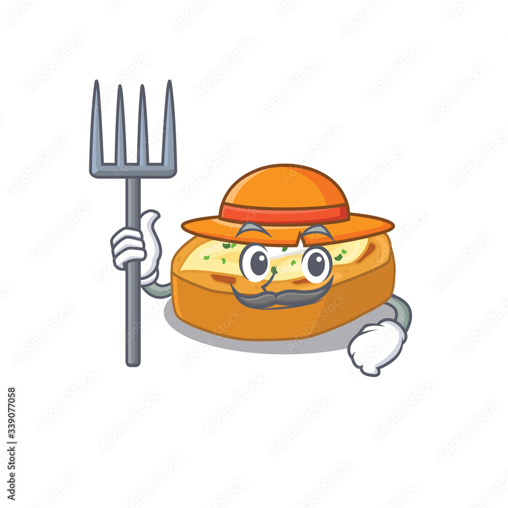 Poster Cartoon character design of baked potatoes as a Farmer with hat and pitchfork