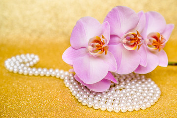 purple Orchid and pearl necklace on a shiny gold background