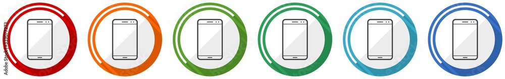 Poster smartphone icon set, mobile phone flat design vector illustration in 6 colors options for webdesign 