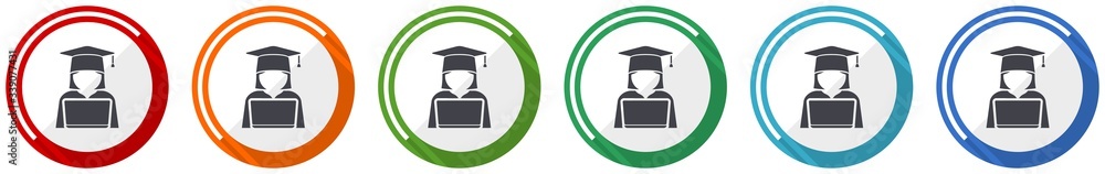 Poster student with laptop icon set, computer, education flat design vector illustration in 6 colors option