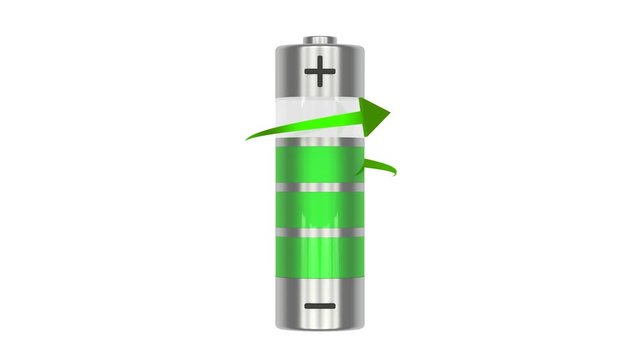 Beautiful rechargeable battery made of glass and steel recharging process. Green arrows rotating and colored fillment changing its color from red to green while battery capacity and power recover.