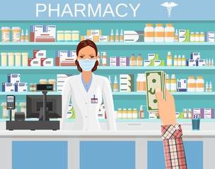 Payment in cash. Interior pharmacy or drugstore with female with medical mask. Medicine pills capsules bottles vitamins and tablets. vector illustration in flat style