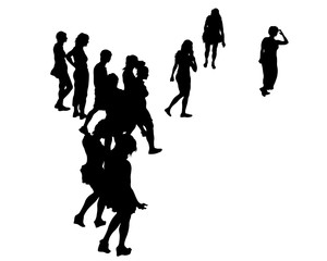 Beauty young girl in dress walking down street. Isolated silhouette on white background