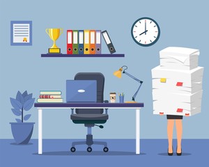Office interior with desk, chair, computer. Stressed businesswoman holds pile of office papers and documents. Paperwork. Bureaucracy concept. Stressed employee. vector illustration in flat design.