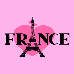 Fototapeta na wymiar France and Eiffel Tower. The modern custom hand lettering for your design. Lettering and typographic design. Print or logo. Love France.