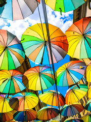 BUCHAREST, ROMANIA Colorful umbrellas at outdoor restaurant, a symbol of Bucharest.