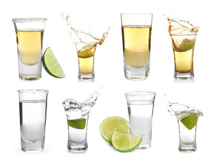 Set of different Mexican Tequila shots on white background