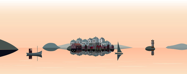 Sunset over a fishing island in the Swedish west coast archipelago, A lighthouse, a fishing boat and a sailing boat at a calm sea. © Solveig