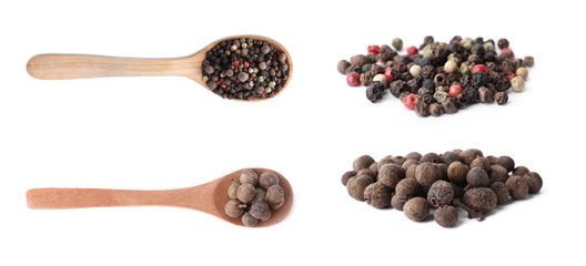 Set of different peppercorns on white background. Banner design