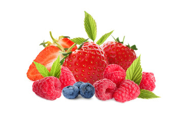 Fototapeta na wymiar Different ripe tasty berries on white background