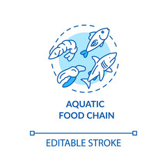 Fototapeta premium Aquatic food chain concept icon. Energy producer and consumers. Marine flora and fauna. Ocean ecosystem idea thin line illustration. Vector isolated outline RGB color drawing. Editable stroke