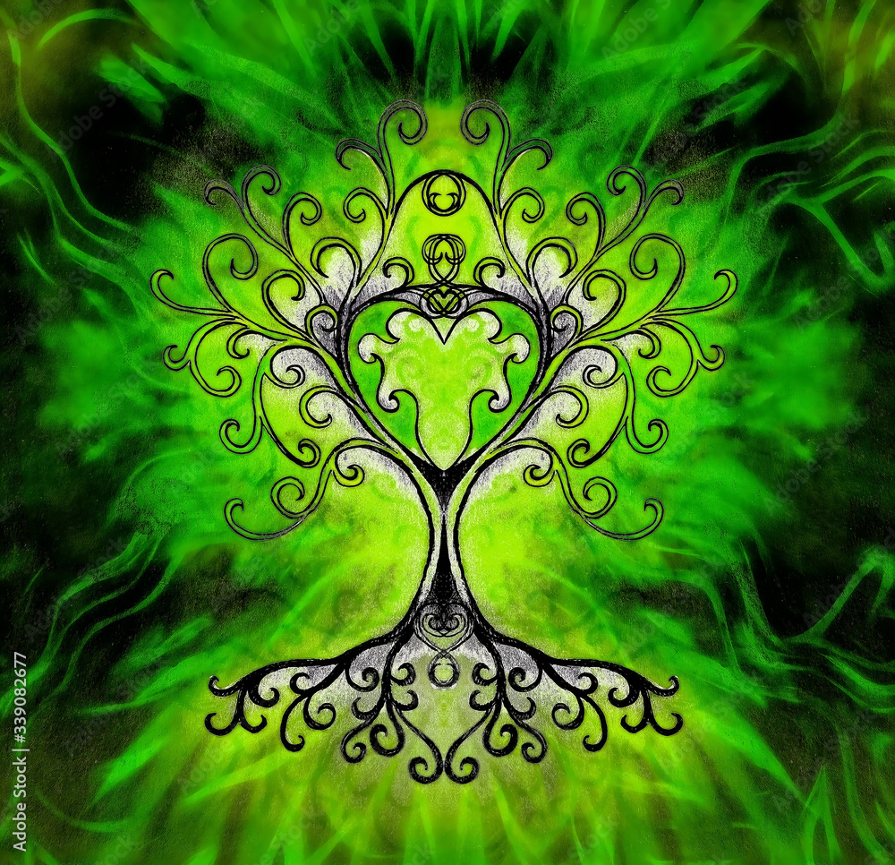 Poster tree of life symbol on structured ornamental background, yggdrasil.