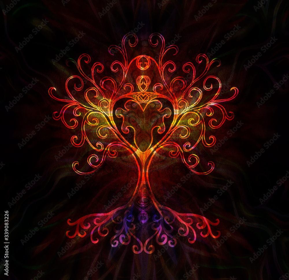 Poster tree of life symbol on structured ornamental background, yggdrasil.