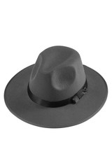 Close up shot of a gray fedora hat with the black silk ribbon and a bow around a crown. The classic hat is isolated on the white backdrop. 