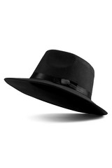 Close up shot of a black fedora hat with the black silk ribbon and a bow around a crown. The classic hat is isolated on the white backdrop. 