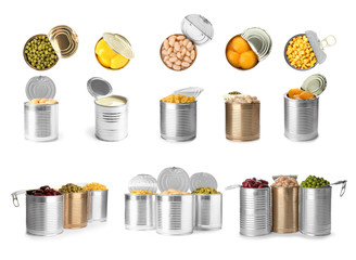 Set of different canned food on white background