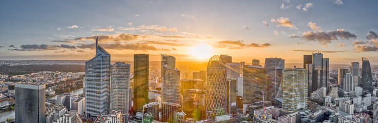 Aerial pano drone shot of La Defense skyscraper complex view from Courbevoie