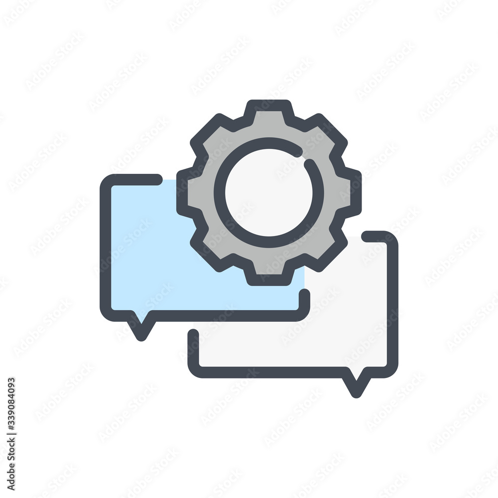 Poster support service and helpline color line icon. cogwheel with chat vector outline colorful sign.