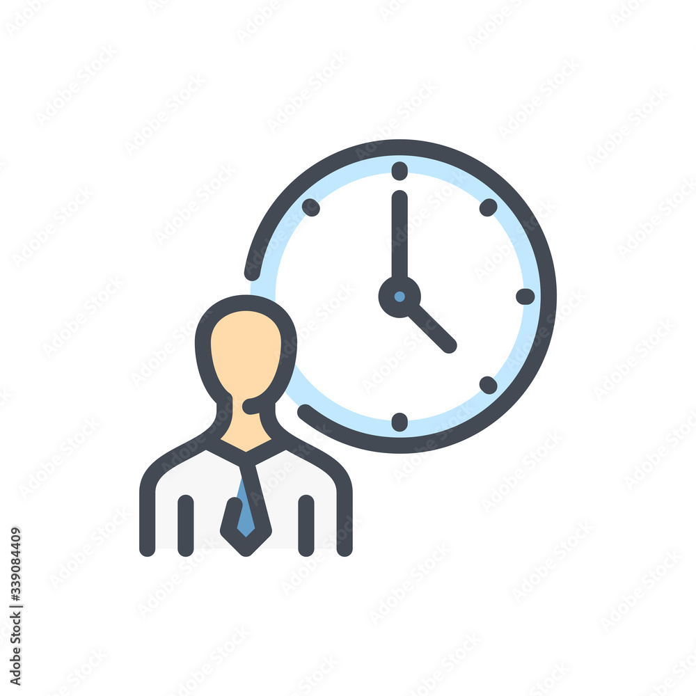 Poster time management color line icon. business person with clock vector outline colorful sign.