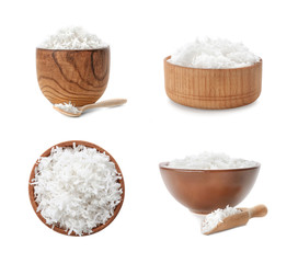Fototapeta na wymiar Set with fresh coconut flakes in bowls isolated on white