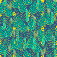 Seamless hand drawn pattern with tropical fruits and leaves. 