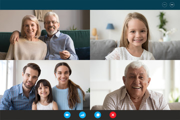 Head shot portraits webcam laptop screen view diverse people using videoconference application enjoy online meeting. Multi generational family involved in group videocall distant communication concept