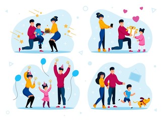 Fototapeta premium Family Holiday Celebration Traditions Trendy Flat Vector Concepts Set. Parents Greeting Child with Birthday, Having Fun on Holiday Party Celebration, Playing with Dog at Home Isolated Illustrations