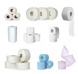 Set with rolls of toilet paper on white background