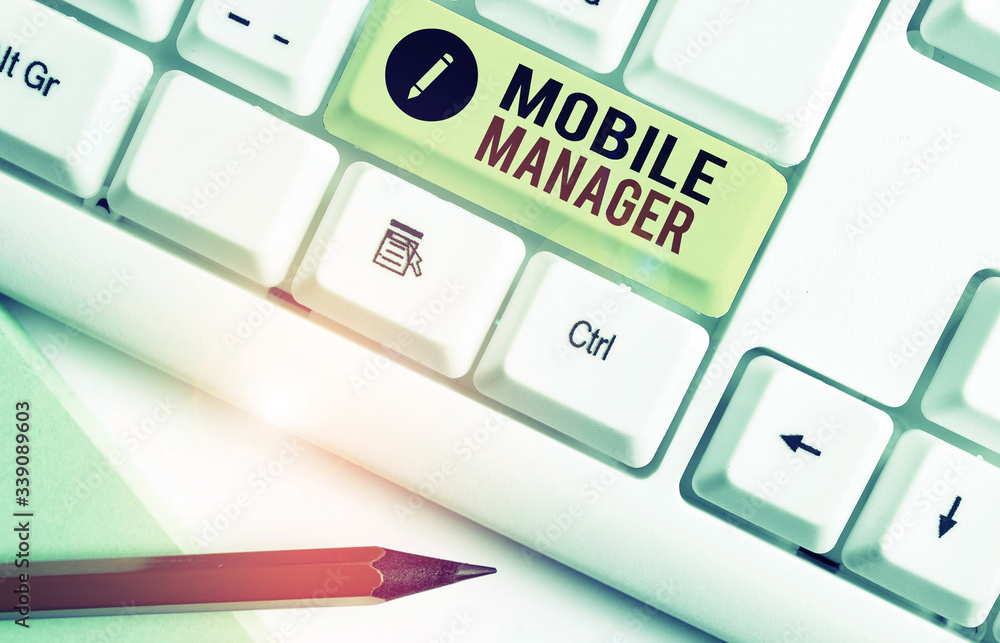 Aufkleber writing note showing mobile manager. business concept for monitor, analysisage and secure employees 