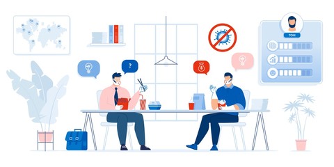 Two Businessman Character in Protective Face Mask, Glove Counting Profit Discussing Money Income, Sharing Idea Eating Fast Food during Lunch Break in Office. Covid19 Outbreak Observation Condition