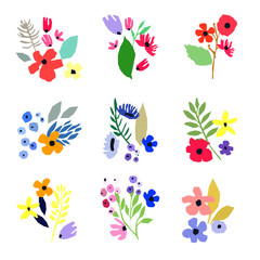 Collection of vector flowers on white background. Vector bouquets. Simple design.
