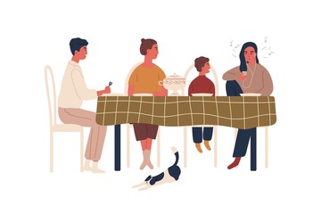 Disobedience teen girl listen music in earphones during family dinner vector flat illustration. Annoyed cartoon parents and little brother berate teenage female isolated on white. Conflict behavior