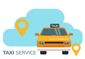  Simple flat illustration for taxi call application. Illustration of a taxi car and geolocation tags 