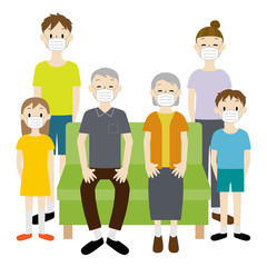 Illustration of a 3 generation family wearing medical masks to prevent infectious diseases