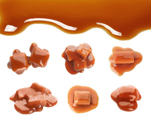 Set with caramel candies and tasty sauce on white background
