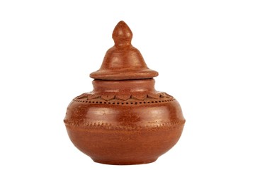 shabby antique clay pot with a lid isolated on white background