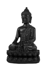 antique black Buddha figurine in lotus position isolated on white background