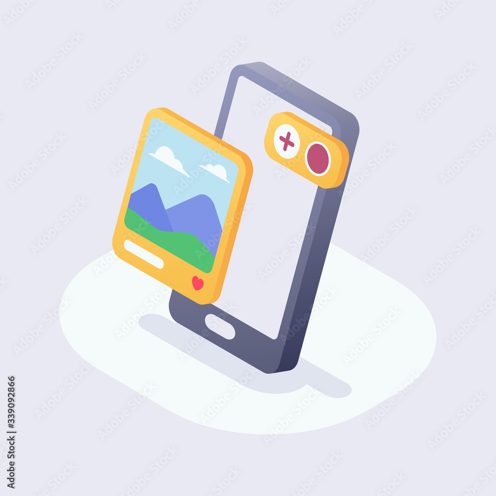 Poster mobile phone add new images upload with modern isometric style