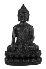 antique black Buddha statue in lotus position isolated on white background