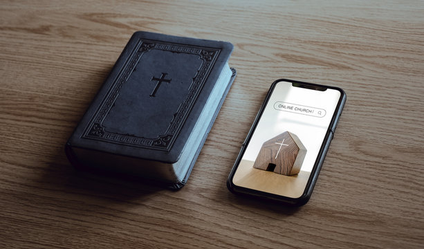 Worship from home, Online live church for sunday service, Top view of mobile screen with wooden home church, searching