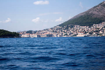 Fototapeta premium Dubrovnik city and sea view the location of GOT series with blue sea water and clear sky ships