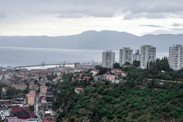 Rijeka Croatia city view from the top of the mountain Trsat Fortress rainy day and evening time