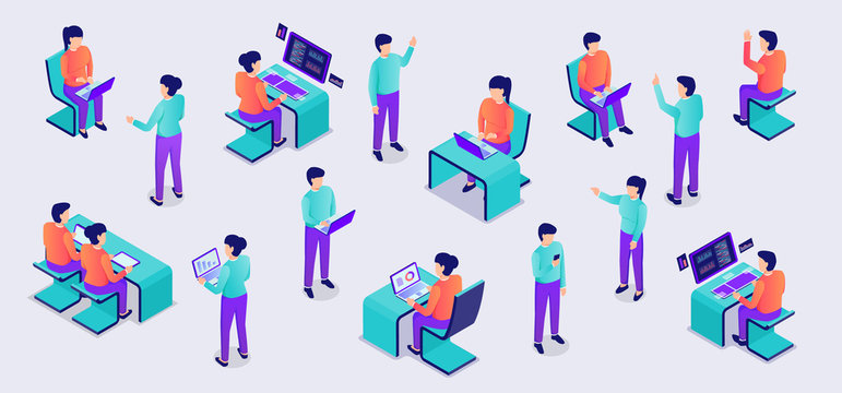 people set collection from office working with laptop on desk with modern isometric flat style