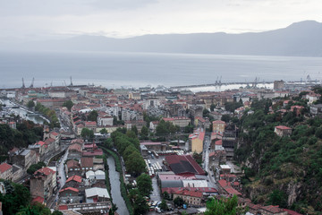 Fototapeta premium Rijeka Croatia city view from the top of the mountain Trsat Fortress rainy day and evening time